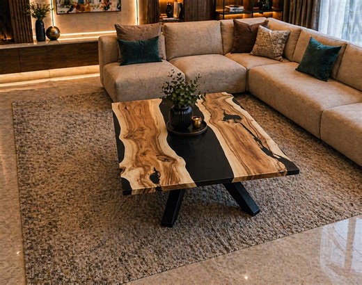 Epoxy Coffee Table Solid Wood & Black Resin River Rectangular Modern Live Edge Center Table Living Room Gift - Etsy