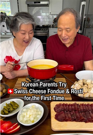 Replying to @carina⁷ Mom and dad tried Swiss Cheese Fondue & Rosti along with bündnerfleisch (air-dried beef) from Switzerland as an appetizer. I think I put a little too much wine in the sauce 😂 #swiss #fondue #swissfood #Schweiz #switzerland