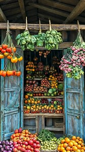 Colorful fruit and vegetable market stall in a rustic wooden structure filled with fresh produce