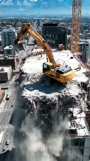 Shocking Excavator Accident During High-Rise Building Demolition #short