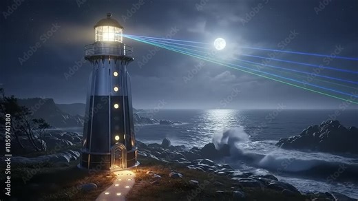 Lighthouse beacon illuminates the dark ocean at night under a full moon guiding ships through the rocky coast.