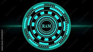 accessing memory banks animation on black background,sci-fi alert system with ram processing unit icon,rotating hi-tech circular hud with ram symbol. Stock Video