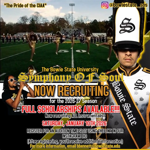 Join us for SOS Audition day — Saturday, January 10th 2026 on the campus of Bowie State University! Use the link in the comments to register for your time slot! | Bowie State University’s “Symphony of Soul”