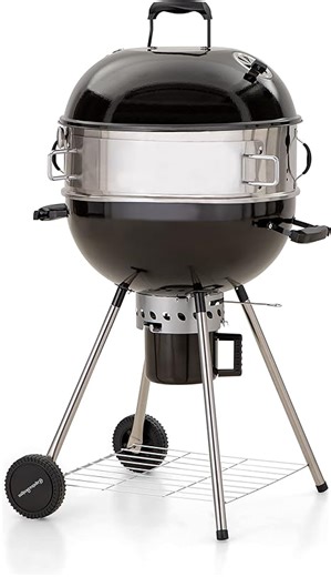 Kugelgrill, Holzkohlegrill mit PizzaRing, Deckel Thermometer, Abnehmbaren Verchromter Grillrost, Einstellbarer Luftzufuhr, Ascheauffangbehälter, Kohlegrill für Garten oder Balkon (E02GR013)