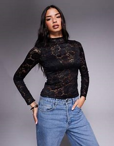Brave Soul high neck long sleeve lace top in black | ASOS