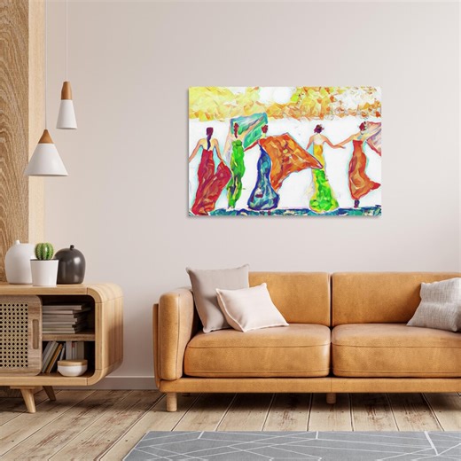 Dancing Women by the Sea Abstract Canvas: Colorful Wall Art Gift