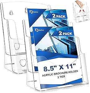 2 Pack Acrylic Brochure Holder 8.5 x 11, 2 Tier Brochure Display Stand with Removable Divider for 4 x 9 inches Trifold Pamphlets, acrylic flyer holder 8.5 x 11 Stands for Flyer, Pamphlet, Magazine