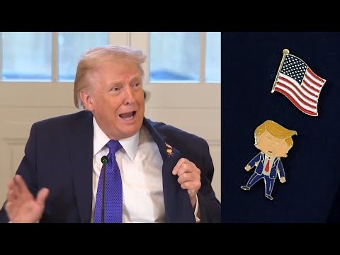 President shows off entertaining ‘Happy Trump’ lapel pin as he celebrates US progress