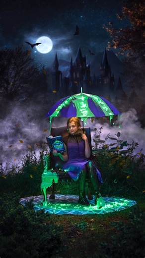 Alexandria Ramon on Instagram: "That one time our family gallons of glowing slime for a photo and we only had one chance to capture it 😅 took a lot of teamwork and Emma was amazing! She held that umbrella so steady, even with a book in her hand 🥹💚 . . . . . #magical #creative_portraits #behindthescenes #photoshoot #creative #creativephotography #magicofchildhood #halloween #spookyseason #momsofinstagram"