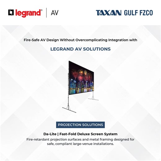 𝐒𝐦𝐚𝐫𝐭𝐞𝐫 𝐀𝐕 𝐃𝐞𝐬𝐢𝐠𝐧 𝐟𝐨𝐫 𝐒𝐚𝐟𝐞𝐫 𝐄𝐧𝐯𝐢𝐫𝐨𝐧𝐦𝐞𝐧𝐭𝐬 Fire safety in AV is not about adding “fireproof” labels - it’s about designing systems that reduce risk by design. From plenum-rated cabling and intelligent power management to all-metal mounts, thermally engineered racks, and compliant projection solutions, Legrand AV engineers fire safety across the entire AV ecosystem. Built to meet international fire-retardant standards, these solutions help manage heat, prevent ele