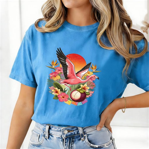 Flamingo Mangosteen Sunset Women Shirt, Vibrant Tropical Graphic Tee, Women Vacation Wear, Gift for Flamingo Lover - Etsy