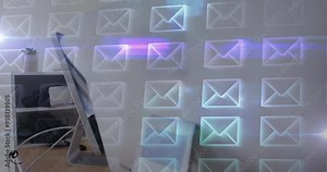 Email icons animation over office workspace with shelves and desk