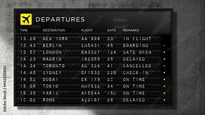 Airport departures split flap mechanical board realistic 3D animation updating and showing flight status to several destinations.