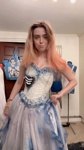 Rosie on Instagram: "Finishing my corpse bride dress after 2 years!! 💙 Hi so story time on this dress because you guys deserve an explanation as to why I never finished her when I first started 😅 so when I was making this dress I was transferring between home and university! Because of how much paint was involved in this dress I could not make her at uni without risking my deposit (paint on the carpet would not be good 😅) so I was only able to work on her while at home which meant large gaps 