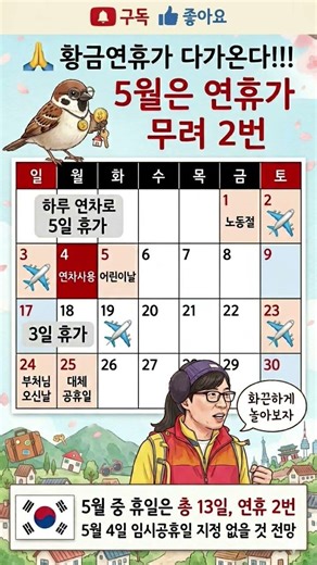 5월은 쉬는 날만 13일?! 직장인 필독, 2026년 5월 연휴 일정 및 연차 공략 가이드
