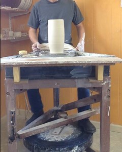 North Carolina potter, Ron Philbeck (@ronphilbeck) throwing at his treadle wheel. There are many ways to make a wheel turn; potter’s wheels have evolved and changed over time and each culture-cluster has a unique practice on these devices. Treadle wheels are an excellent example of technology development within ceramics - a foot is rhythmically used to continue the spin of the wheel, perhaps this makes a more gentle and controlled motion than its kick wheel counterpart. In this video we can see 