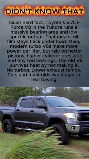 Toyota’s 5.7L i-Force V8 in the Tundra runs a massive bearing area and low specific output
