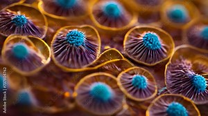 Microscopic observation of pollen cells showing fine structure, diversity of colors