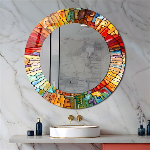 Stained Glass Look Round Mirror, Vivid Abstract Art, Customizable - Etsy