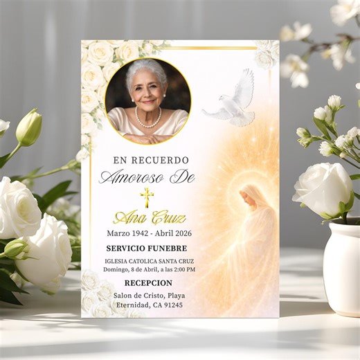 Spanish Funeral Invitation Template, Virgen de Guadalupe Catholic Memorial Invite, Editable En Memoria Amorosa Funeral, Funeral Español
