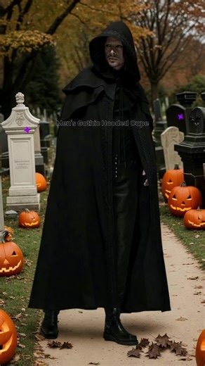 Men's Black Gothic Hooded Cape for Halloween Cosplay