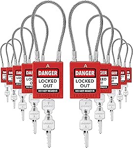 TRADESAFE Lockout Tagout Steel Cable Locks with Keys - 10 Red Keyed Alike Unlimited Grouping Electrical Lockout Padlock Set, 2 Keys Per Lock, Premium Grade Loto Locks, OSHA Compliant