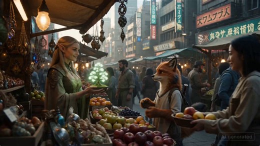 リアル版prompt:ショット3-1（0s–5s）クローズアップ、静止。暗い部屋のテーブルの上に、融合世界でしか生まれない希少な結晶——エルフの魔法とドワーフの精霊工学と地球の科学が融合して生まれた資源——が青白く発光している。革手袋をした手がゆっくりとその結晶を掴み取る。背景にスーツ姿の地球側の人物たちのシルエットが複数見える。暗いトーン、結晶の光だけが照明源、強いコントラスト、不穏なムード、シネマティック、フィルムグレイン。ナレーション（低く重厚な男性の日本語音声）：「混ざり合いは——新たな"富"も生んだ。」画面下部に白い日本語字幕：「混ざり合いは——新たな"富"も生んだ。」ショット3-2（5s–10s）ミディアムショット、ゆっくりドリーイン。高層ビルのガラス張りの会議室。地球側の企業幹部たちがテーブルを囲み、ホログラムの地図上に融合地帯の資源分布が光って表示されている。エルフの術式技術、ドワーフの精霊工学——すべてが値札付きで並んでいる。幹部の一人が冷徹な表情で融合地帯を指し示す。窓の外には融合した美しい街並みが広がっているが、室内の人間たちはそれを見ていない。室内の冷たい蛍光灯