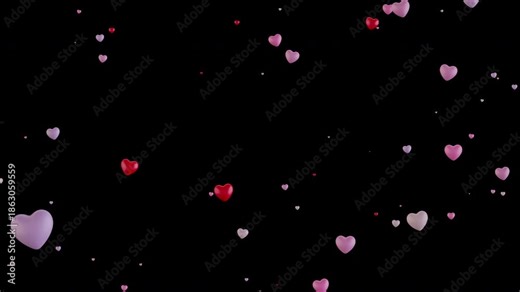 Many colorful hearts continuously fly toward the camera in a seamless loop. Endless motion with no start or end. 4K resolution with alpha channel, perfect for romantic visuals and celebration projects