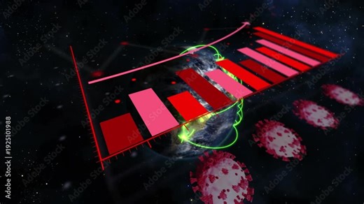Red bar appearing, 3D chart growing, arrow rising, ribbon threading globe, linking data to virus