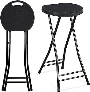 Suzile 2 Pcs 24 Inch Tall Folding Chair Portable Plastic Stool Chair Heavy Duty Foldable Bar Stools with Handle for Adults Kitchen Counter Room Home Camping Indoor Outdoor, 300lbs Capacity (Black)