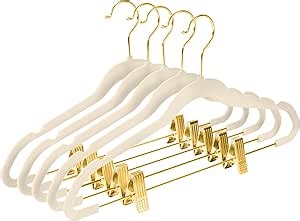 MIZGI Premium Velvet Pants Hangers with Adjustable Clips (Pack of 20) - Slim Skirt Hangers - Non Slip Felt - Ivory/Gold