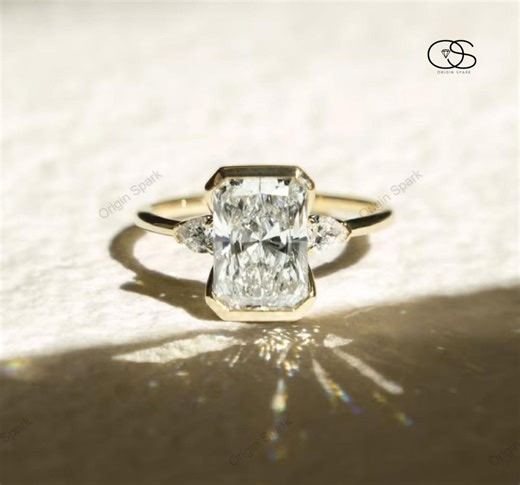 Radiant Cut Lab Grown Diamond Engagement Ring 2.25 CT Crushed Ice Pear Side Stones Solid Gold - Etsy