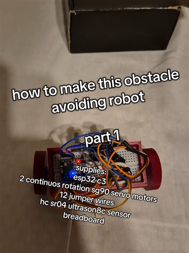 will make a comprehensive tutorial on arterinema.vercel.app and my github aswell. parts you need: esp32 c3 2 continuos rotation sg90 servo motors 12 jumper wires hc sr04 ultrason8c sensor breadboard #LearnOnTikTok #engineering #techtok #robotics #tutorial