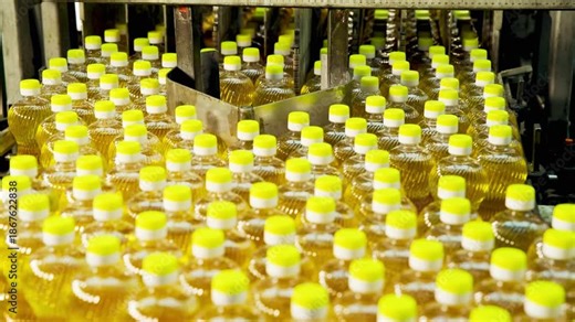 Inside a sunflower oil production factory, showing automated machinery, conveyor belts, and bottling lines processing sunflower seeds into edible oil. Efficient industrial workflows highlight hygiene.