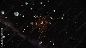 Animated slow motion pull-out footage of stones flowing in the universe