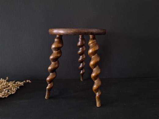 Vintage French Spiral Leg Stool, 1950s Solid Wood Tripod Seat With Corkscrew Legs, Rustic Wabi Sabi Stool - Etsy