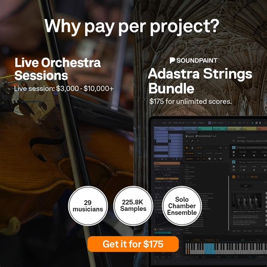 Ever wish your strings could actually breathe? Adastra Ensemble Strings captures the soul of real musicians — 11 violins, 8 violas, 6 cellos, and 4 basses recorded in a stunning stone church. From whisper-soft legatos to massive, cinematic swells — it feels alive, organic, and real. This isn’t just another sample library. It’s a living, emotional instrument for storytellers. | Soundpaint