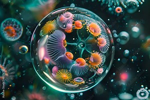 Ultra-magnified tiny microorganisms, showcasing biodiversity in a drop, realistic and detailed, suitable for medical textbooks, educational use. Science, medical or microbiological