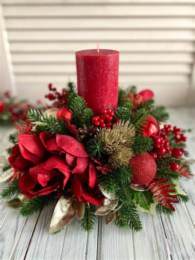 Christmas Table Centerpiece With Red Candle, Holiday Floral Arrangement, Festive Home Decor - Etsy