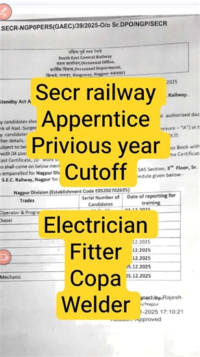 SECR Apprentice Previous Year Cutoff 2025 - 2026 | secr nagpur railway apperntice #shorts #reels