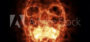 4k stock: Fire Burning Skull. Devilish Skull burning Hell with scary, halloween, horror concept. Royalty high-quality free stock video footage fire flames over a devilish skull on a black background