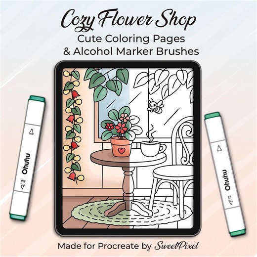 Procreate Alcohol Marker Kit – Realistic Brushes   5 Plants and Flowers Theme Coloring Pages & Blenders - Etsy