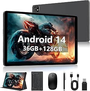 POWMUS 2025 Latest Android 14 Tablets,10 Inch Tablet with 24GB RAM 128GB ROM Expand 1TB,8000mAh Battery, FHD LCD Screen,Support 5G WiFi/BT5.0/GPS, 2 in 1 Android Tablet with Keyboard Gray