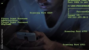 Hacker in darkness with a smartphone mobile device. Green coding appearing on the screen showing the hacking process.