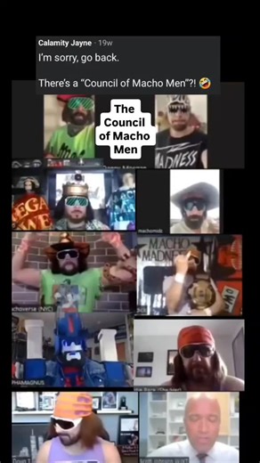 Machoverse Entertainment on Instagram: "Oh yeah! The Council of Macho Men! 😎☝️From the Macho Man Zoom call, featured on @goingringside DIG IT! Another round coming soon? Possibly maybe?! #councilofmachos #councilofmachomen #randysavage #Cosplay #themachoverse"
