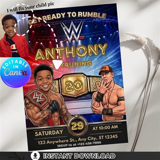 Wwe Wrestling Photo Birthday Invitation, Kids Customize Invite, Personalized Ring Side, Main Event Party, Digital Evite, Get Ready to Rumble - Etsy