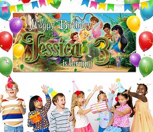 Personalized Tinkerbell Birthday Banner, Tinkerbell Party Backdrop, Peter Pan Fairy Theme Birthday Decoration, Disney Fairy Birthday NGQ214 - Etsy