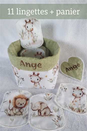 Cadeau Naissance Personnalisable – 11 Lingettes Lavables Bébé + Panier – Fait Main – Thème Animaux - Etsy