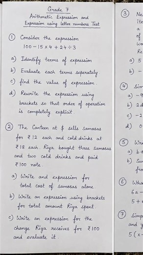 Grade 7 Math Arithmetic Expression & Expressions Using Letters | Ganit Prakash | Important Questions