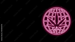 Glowing neon line Legalize marijuana or cannabis globe symbol icon isolated on black background. Hemp symbol. 4K Video motion graphic animation